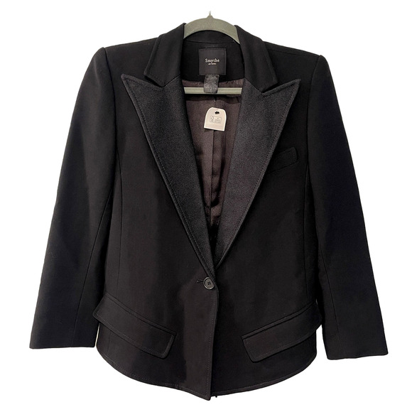 Smythe 4 Classic Wool One Button Blazer Textured Wide Lapel Tuxedo Jacket Black - Picture 2 of 13